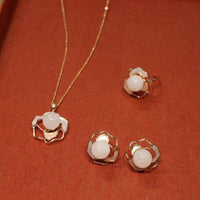 KarmaRipple's 925 Sterling Silver Plated Gold Posts Hetian Ivory Jade Tridacna Stone Camellia Flower Fortune Pendant Necklace Ring Earrings