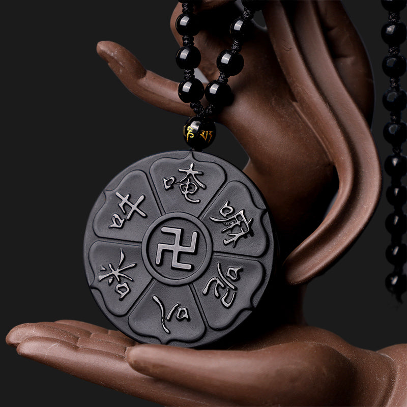 KarmaRipple's Authentic Black Obsidian Tibetan Om Mani Padme Hum Buddha Swastika Fortune Pendant Necklace p3