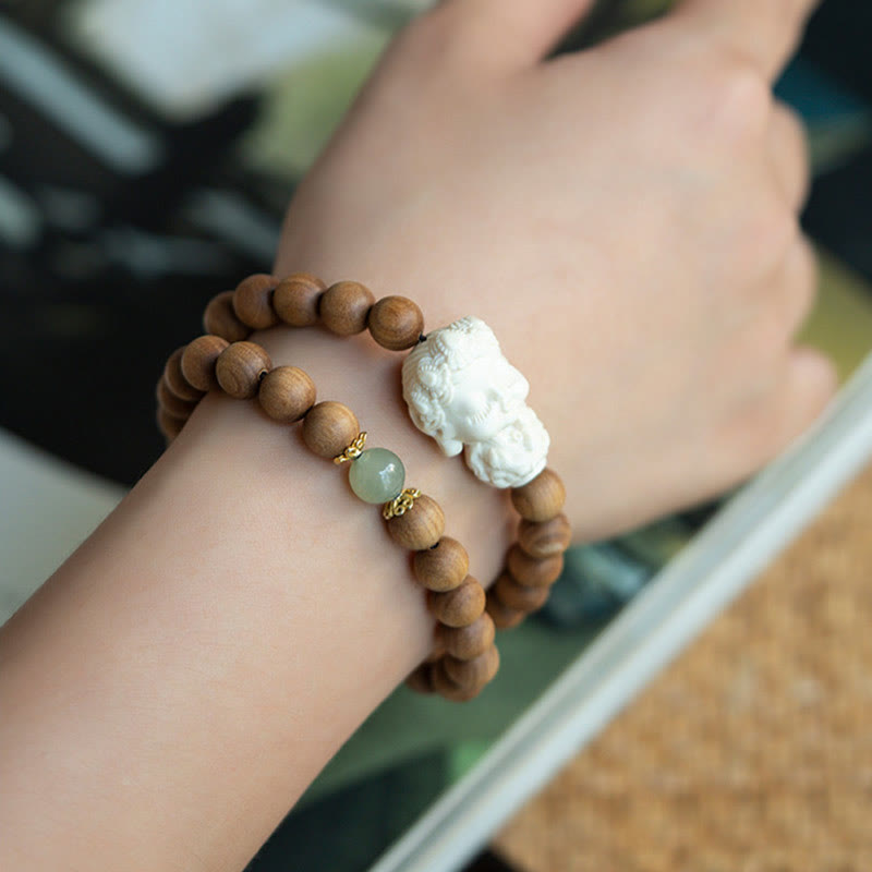 KarmaRipple's Sandalwood Hetian Jade Ivory Fruit Green Tara Protection Bracelet p5