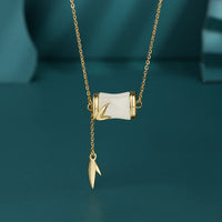 KarmaRipple's 925 Sterling Silver 22K Gold Hetian Ivory Jade Bamboo Leaf Fortune Pendant Necklace Bracelet